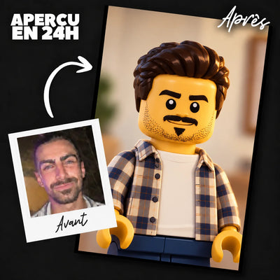 Portrait LEGO personnalisé d'après photo, personnages en briques réalisés par un graphiste numérique