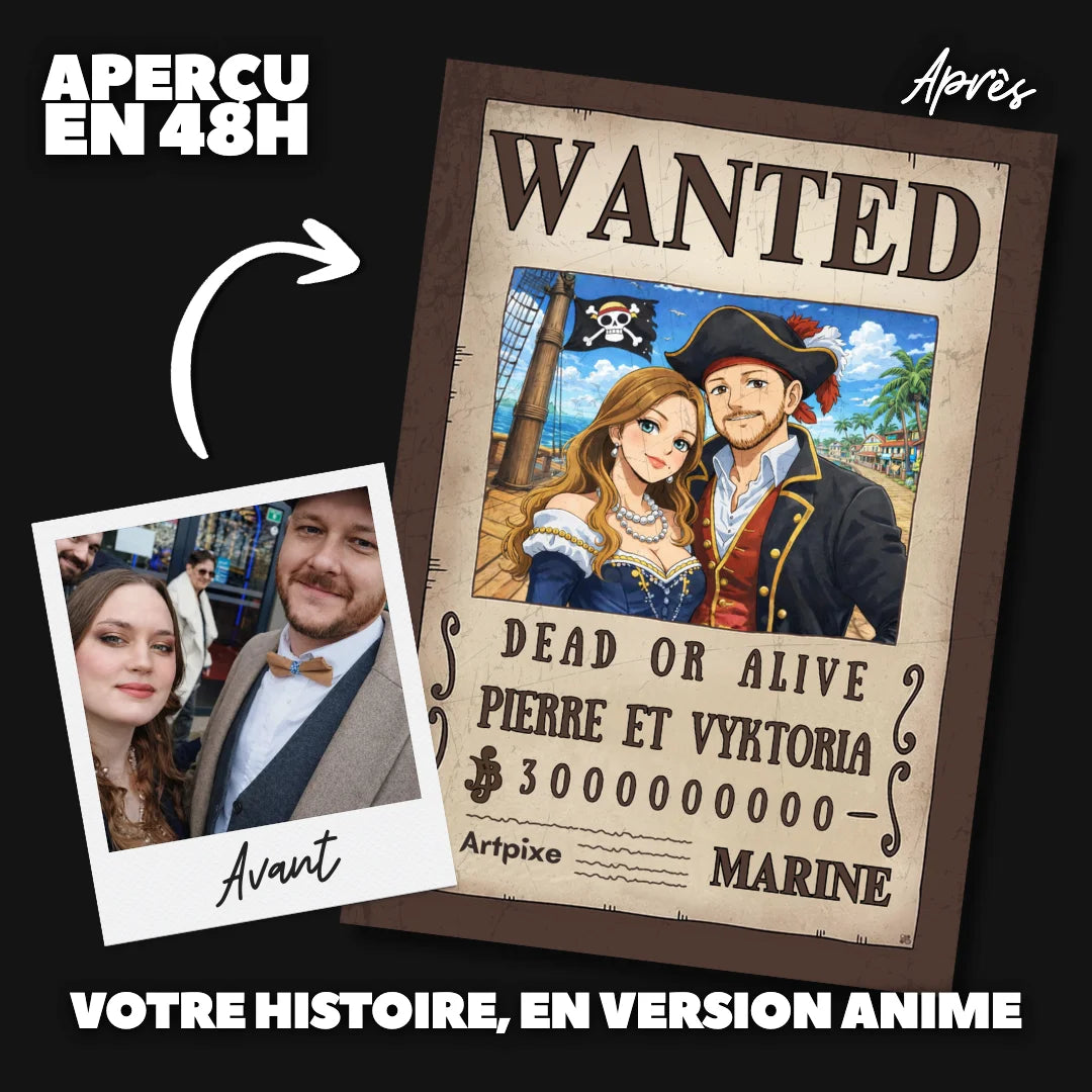 Portrait One Piece personnalisé affiche Wanted style manga — exemple rendu final Artpixe
