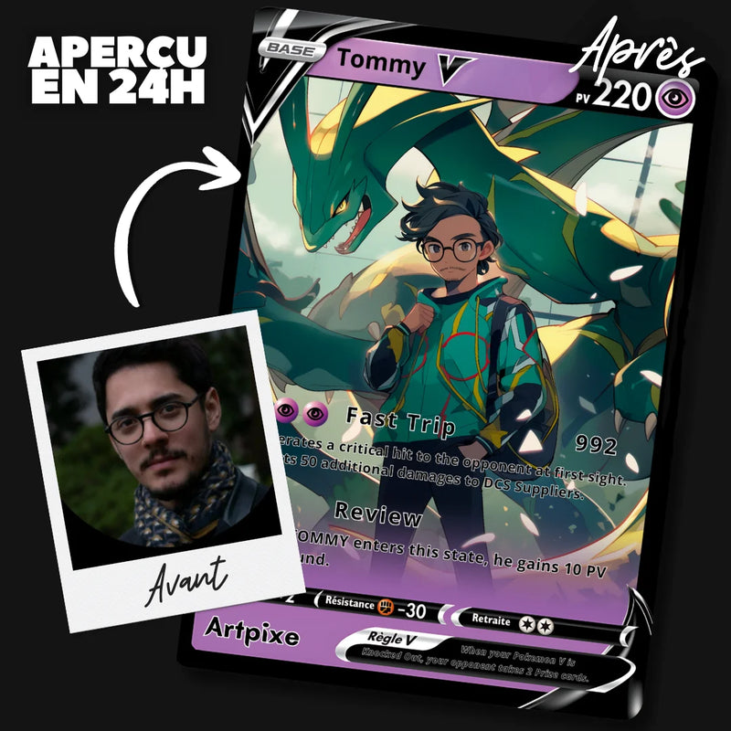 Carte Pokémon personnalisée sur mesure — portrait réalisé par un graphiste numérique Artpixe