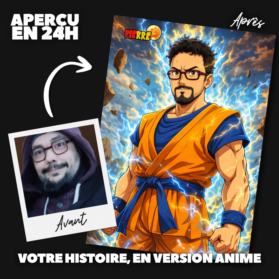 Ma photo en Dragon Ball Z — portrait DBZ Saiyan personnalisé depuis ta photo