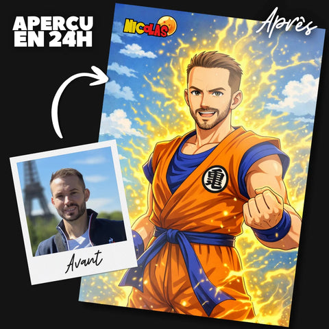 Cadeau manga Dragon Ball Z personnalisé — portrait Super Saiyen à partir d'une photo