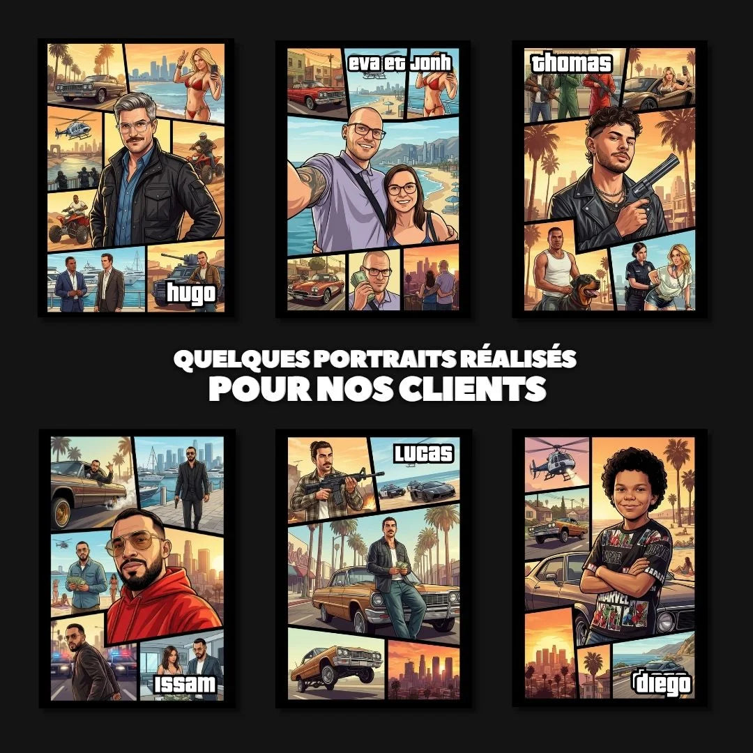 Affiche style Grand Theft Auto personnalisée — portrait solo sur mesure