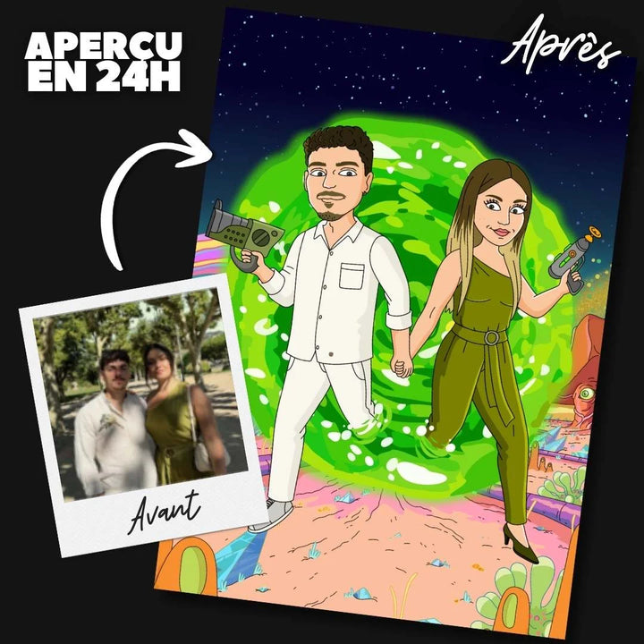 Portrait personnalisé style Rick et Morty — cadeau original fan cartoon adulte réalisé par un graphiste numérique