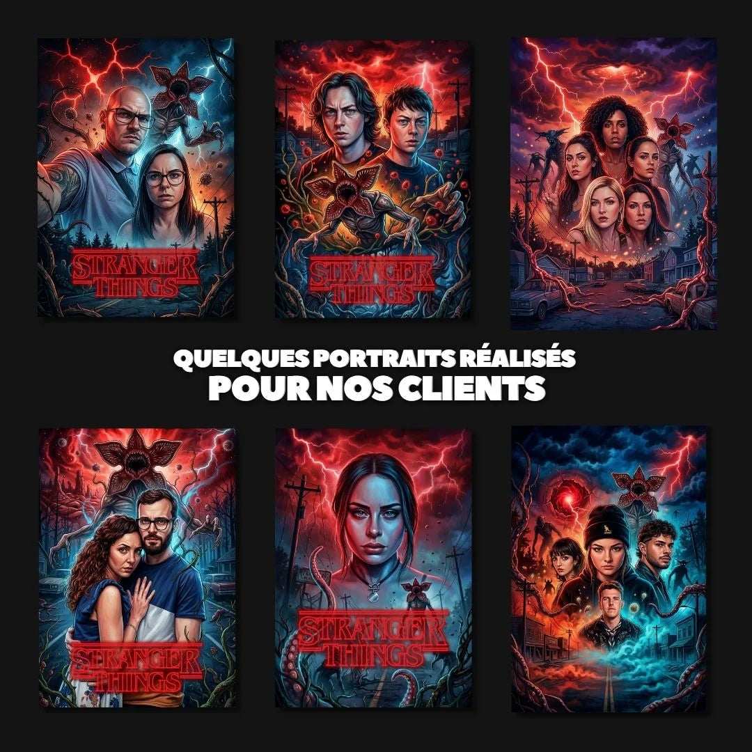 Affiche style Stranger Things personnalisée — portrait de groupe sur mesure