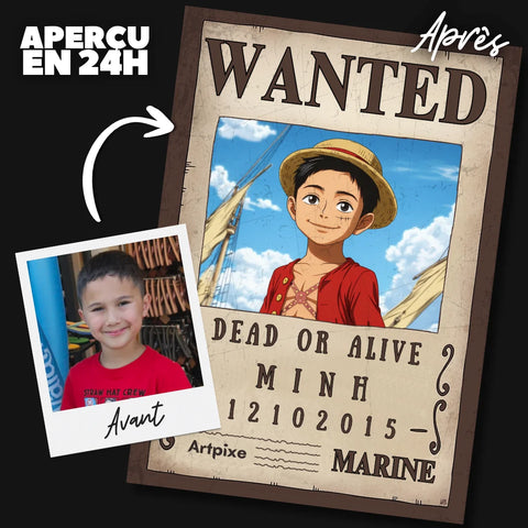 Cadeau manga One Piece personnalisé — affiche Wanted avec photo, réalisée par un graphiste numérique